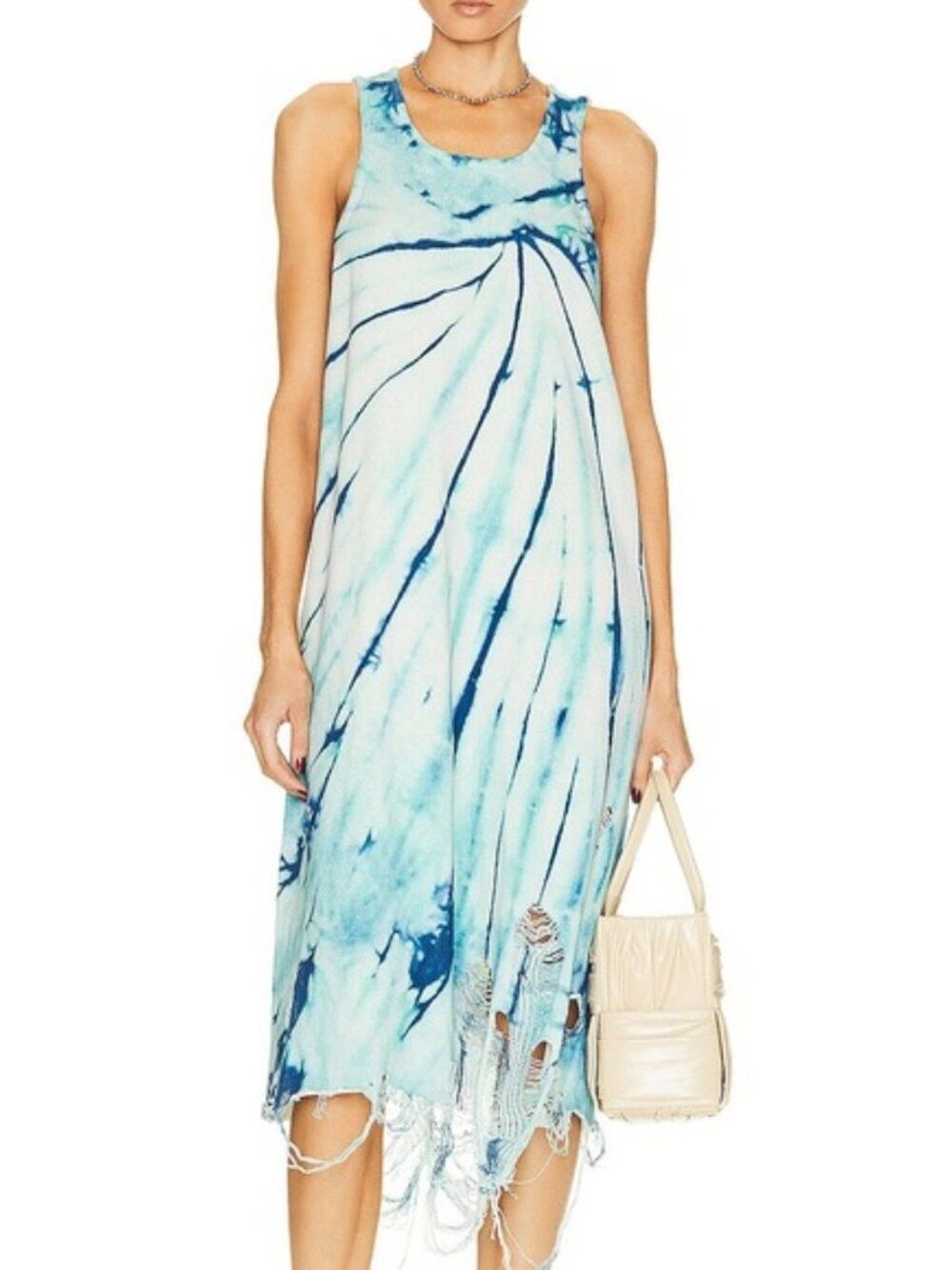R13 Blue Tie Dye Destroyed French Terry Dress Knit Tank midi Punk Boho Edgy MED